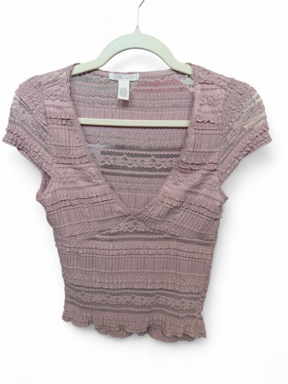 Full Tilt Dusty Rose Lace-Trim V-Neck Cropped Top